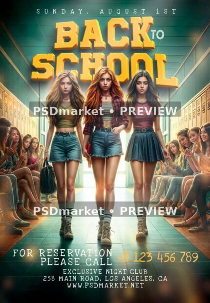 Teal school hallway party flyer with three central illustrated figures, lockers and golden Back to School headline