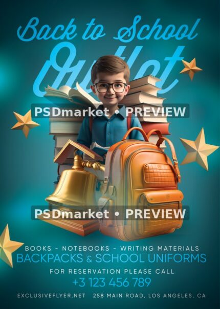 Schoolboy and Books Back to School Outlet Flyer PSD Template — PSD template preview