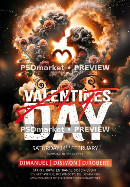Sculpted Rose Couple Fiery Heart Anti Valentine Flyer PSD Template — PSD template preview