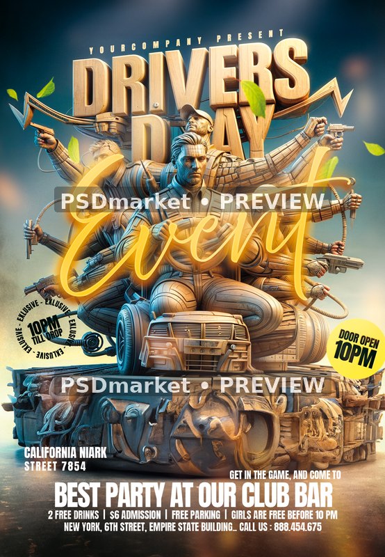 Sculptural Figures Drivers Day Event Flyer PSD Template — PSD template preview