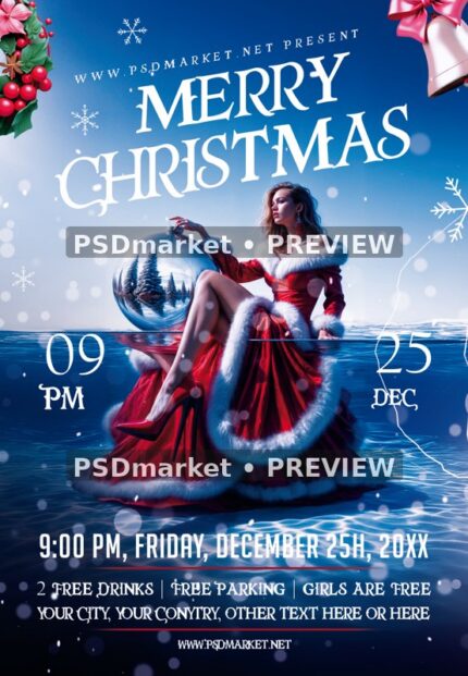 Seated Christmas Woman Ornament Flyer PSD Template — reduced watermarked source artwork preview