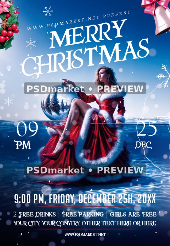 Seated Christmas Woman Ornament Flyer PSD Template — PSD template preview