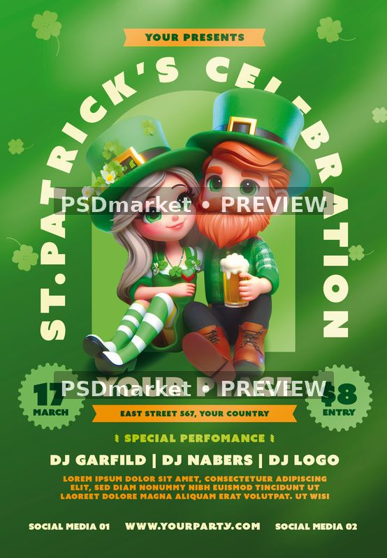 Seated Leprechaun Couple Celebration Flyer PSD Template — PSD template preview