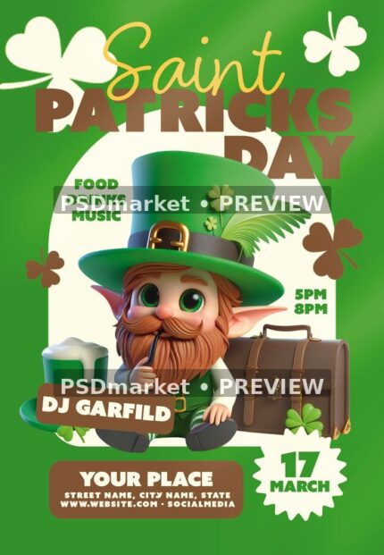 Green Saint Patricks Day flyer with seated bearded leprechaun, drink and suitcase, shown with two horizontal preview watermarks