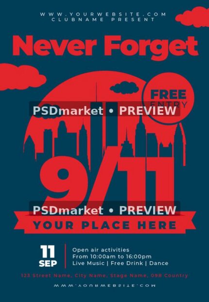 Red and navy September 11 Never Forget flyer with skyline silhouette and preview watermarks