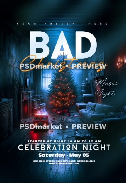 Shadowy Room Bad Christmas Flyer PSD Template — reduced watermarked source artwork preview