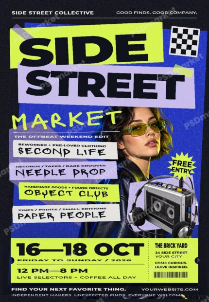 Side Street Market editable flyer PSD template preview with PSDmarket watermark