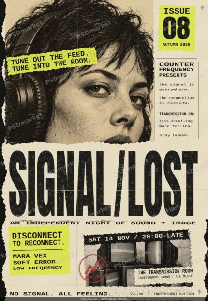 Signal Lost xerox underground event flyer with a headphone portrait, acid-yellow notes, distressed black lettering and television collage; PSDmarket watermarked preview.