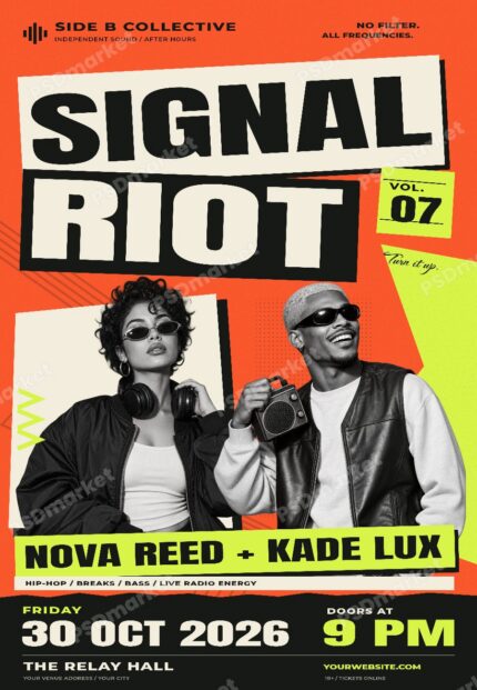 Signal Riot DJ Duo Club Night Flyer PSD Template with PSDmarket preview watermark
