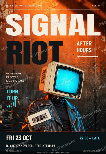 Signal Riot TV Head Rave Flyer PSD Template — protected PSDmarket preview