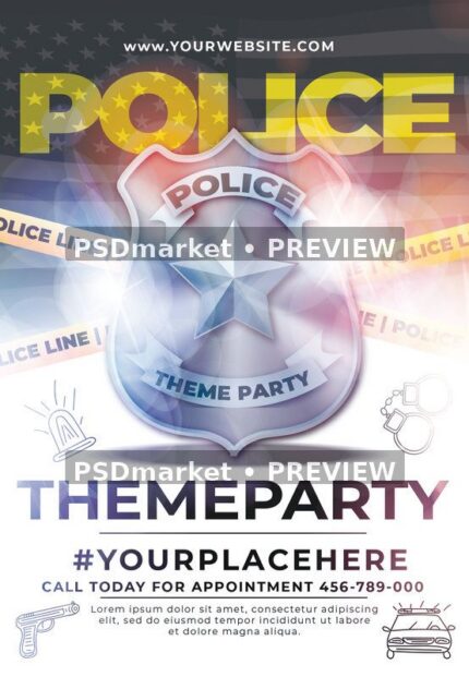 Silver Badge Police Theme Party Flyer PSD Template — PSD template preview