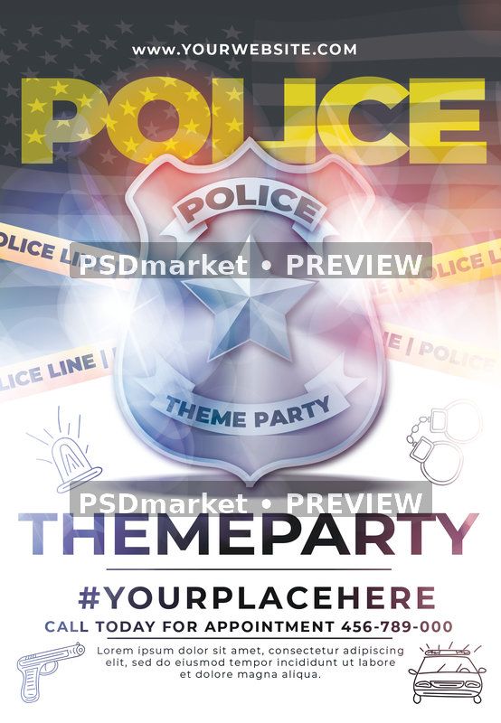 Silver Badge Police Theme Party Flyer PSD Template — PSD template preview