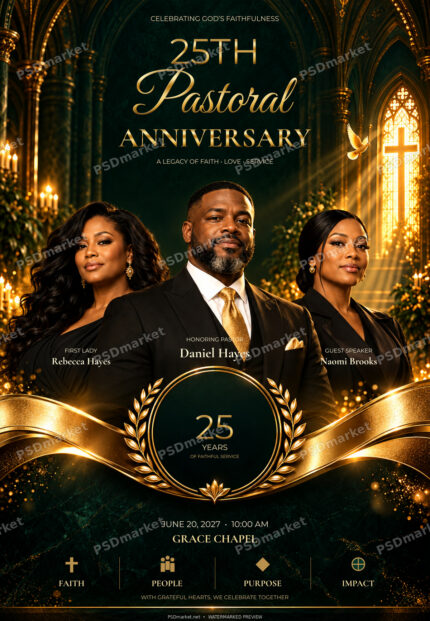 Silver Jubilee — Pastoral Anniversary editable PSD flyer with PSDmarket preview watermark
