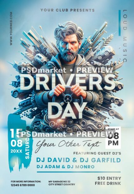 Silver Steering Wheel Drivers Day Flyer — reduced watermarked source artwork preview