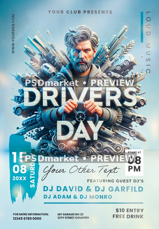 Silver Steering Wheel Drivers Day Flyer PSD Template — PSD template preview