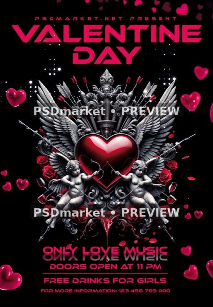 Silver Winged Heart Cherub Valentine Flyer PSD Template — PSD template preview