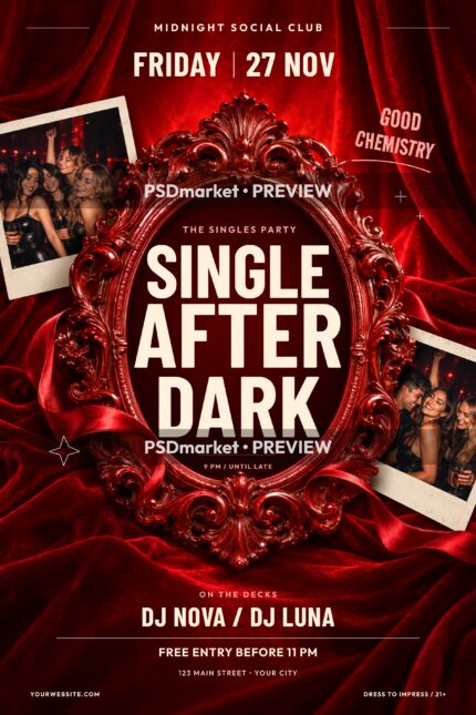 Single After Dark Singles Party Flyer PSD Template — PSD template preview