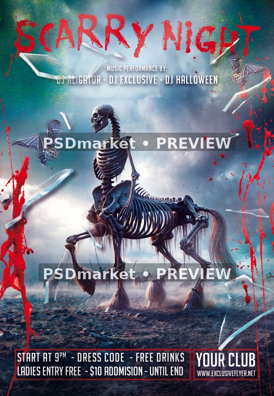 Skeletal Centaur Scary Night Flyer PSD Template — reduced watermarked source artwork preview