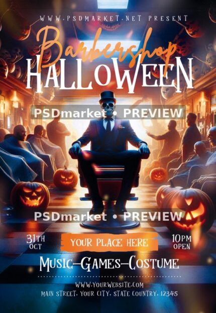 Skeleton Barber Halloween Party Flyer PSD Template — reduced watermarked source artwork preview