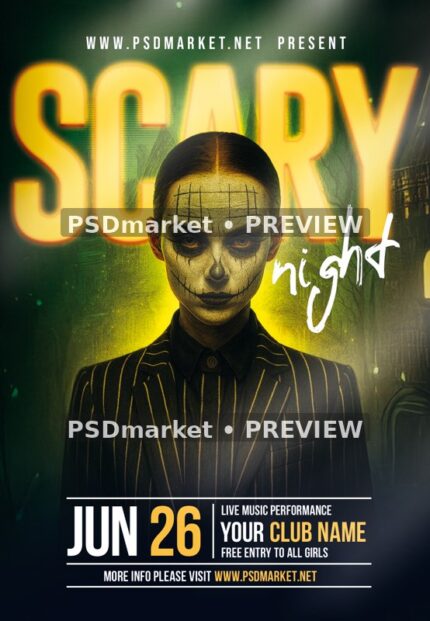 Skull Makeup Scary Club Night Flyer PSD Template — reduced watermarked source artwork preview