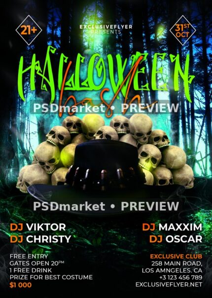 Skull Pile and Top Hat Halloween Bash Flyer PSD Template — reduced watermarked source artwork preview