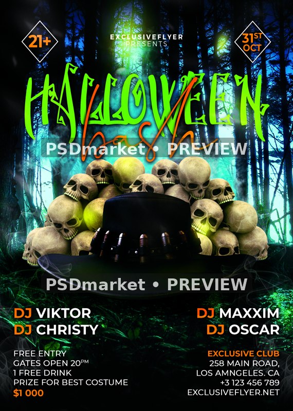Skull Pile and Top Hat Halloween Bash Flyer PSD Template — reduced watermarked source artwork preview