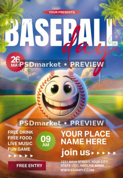 Smiling Ball Baseball Day Flyer — reduced watermarked source artwork preview