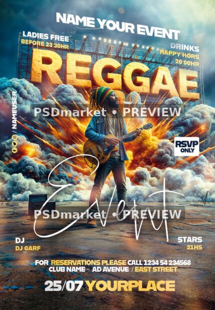 Smoke Burst Guitar Reggae Event Flyer PSD Template — PSD template preview
