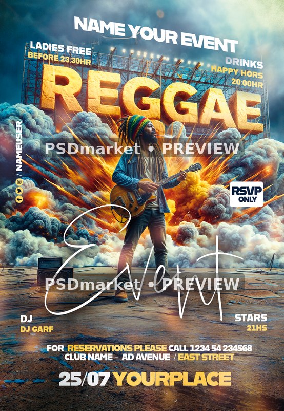Smoke Burst Guitar Reggae Event Flyer PSD Template — PSD template preview