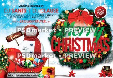 Snowman Sleigh Christmas Landscape Flyer and Social PSD Template — reduced watermarked source artwork preview