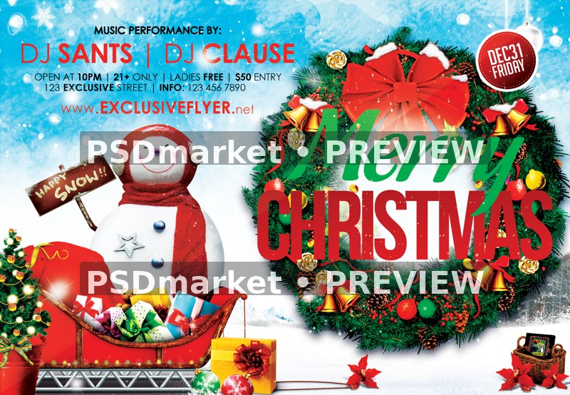 Snowman Sleigh Christmas Landscape Flyer and Social PSD Template — reduced watermarked source artwork preview