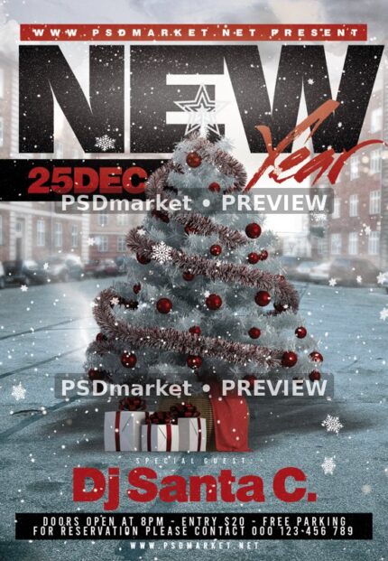 Snowy City Tree New Year Party Flyer PSD Template — reduced watermarked source artwork preview