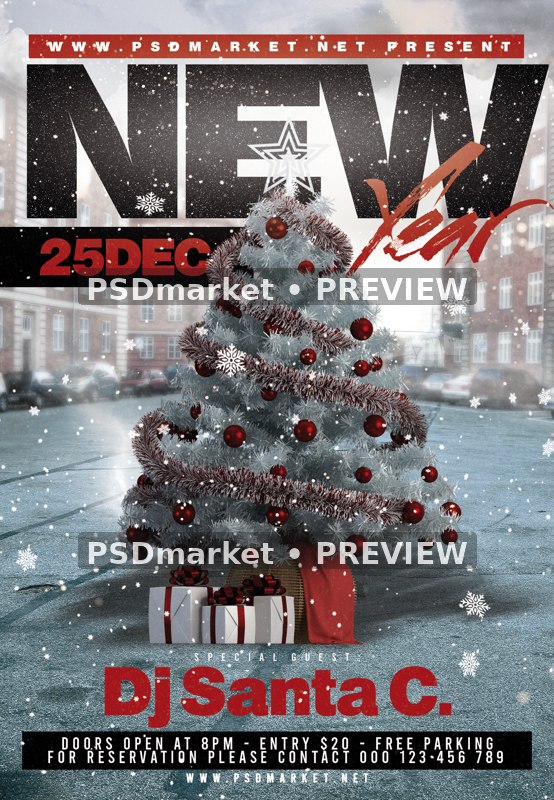 Snowy City Tree New Year Party Flyer PSD Template — reduced watermarked source artwork preview