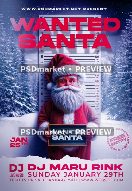 Snowy Wanted Santa Party Flyer PSD Template — reduced watermarked source artwork preview