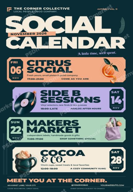 Social Calendar editable flyer PSD template preview with PSDmarket watermark