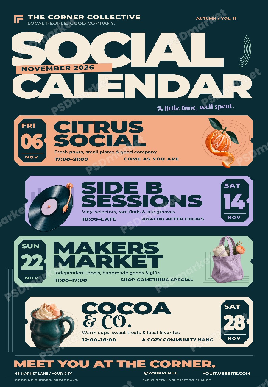 Social Calendar Community Event Schedule Flyer PSD Template — PSD template preview