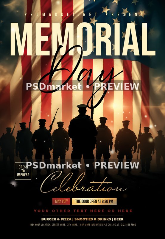 Soldier Formation Memorial Day Celebration Flyer PSD Template — PSD template preview