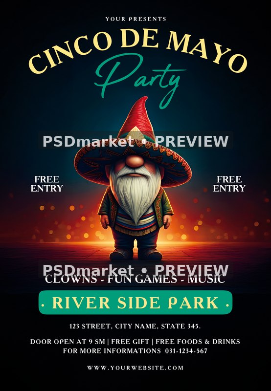 Sombrero Gnome Cinco de Mayo Party Flyer PSD Template — PSD template preview