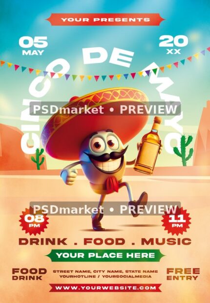 Sombrero Mascot Cinco de Mayo Party Flyer PSD Template — PSD template preview