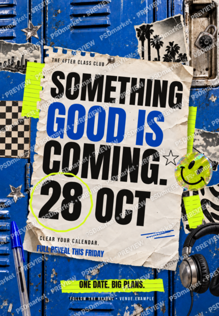 Editable locker save-the-date flyer with torn paper and blue lettering; protected PSDmarket preview