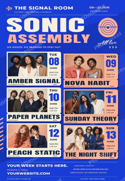 Sonic Assembly Weekly Live Music Lineup Flyer PSD Template with PSDmarket preview watermark