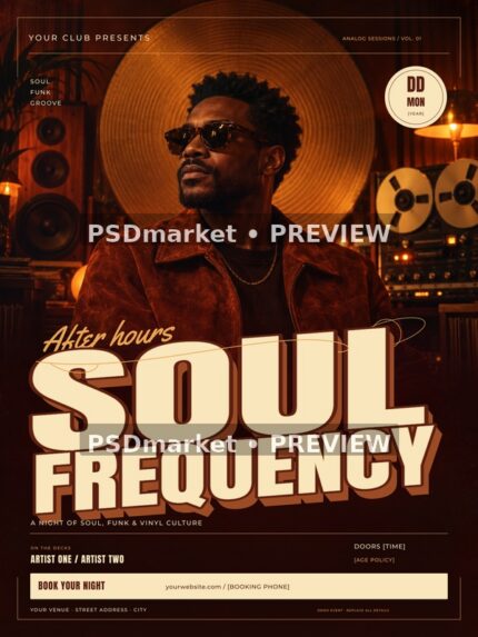 Soul Frequency Retro Music Flyer PSD Template — PSD template preview