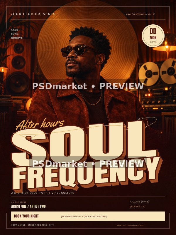 Soul Frequency Retro Music Flyer PSD Template — PSD template preview