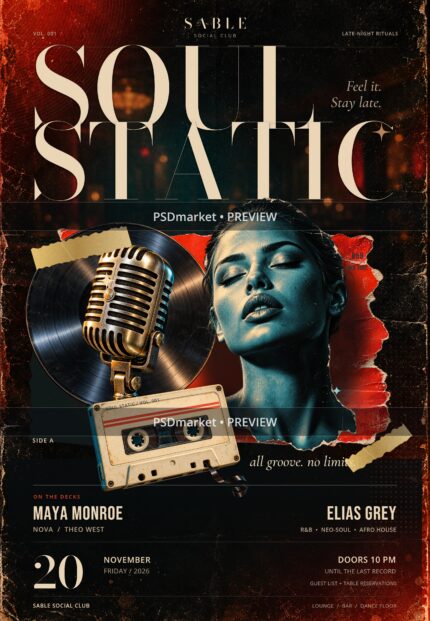 Soul Static vintage R&B and neo-soul club flyer with a singer portrait, microphone, vinyl record, cassette and two horizontal PSDmarket preview bands