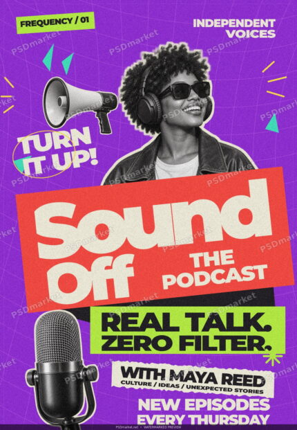 Sound Off podcast flyer with purple cut-paper collage, monochrome host portrait and bold coral-and-lime typography. PSDmarket watermarked preview.