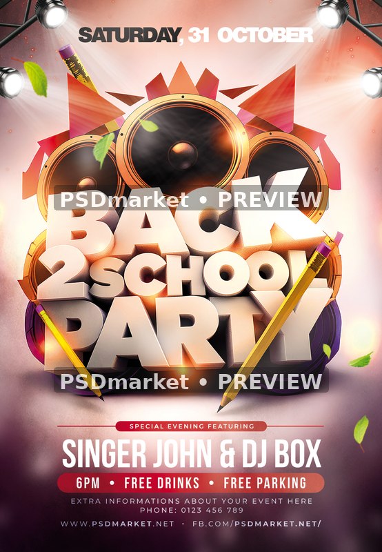 Speakers and Pencils School Party Flyer PSD Template — PSD template preview