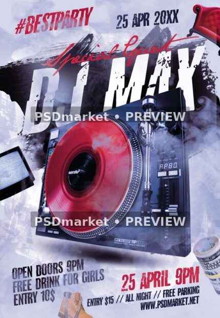 Special Guest DJ Max party flyer with a red record on a turntable, smoky pale background, distressed type, and two preview watermarks.