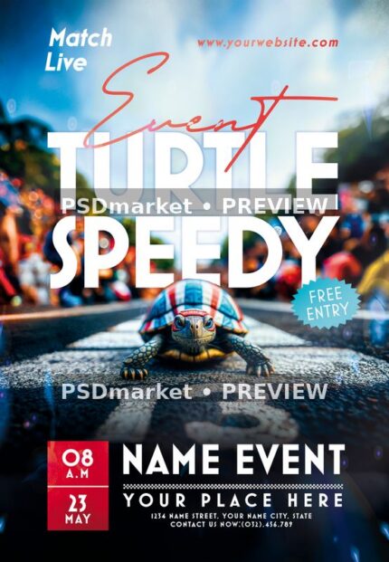 Turtle race flyer with a small turtle on a track, large white headline, red accents and a blurred crowd.