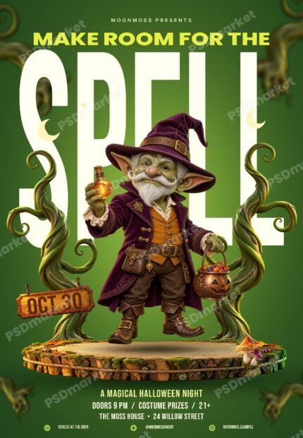 Emerald green Spell Halloween flyer with a whimsical magician, glowing potion and ivory editable title; diagonal PSDmarket watermark