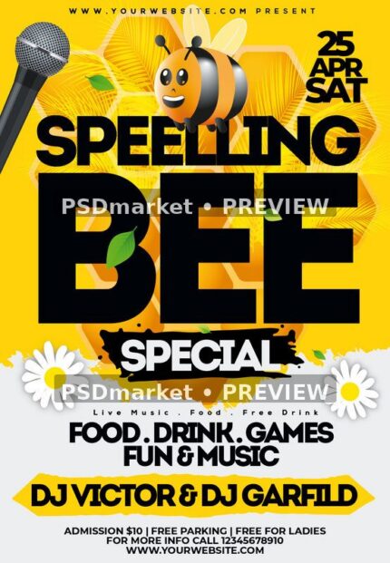 Yellow Spelling Bee flyer with cartoon bee, microphone, bold black typography and preview watermarks